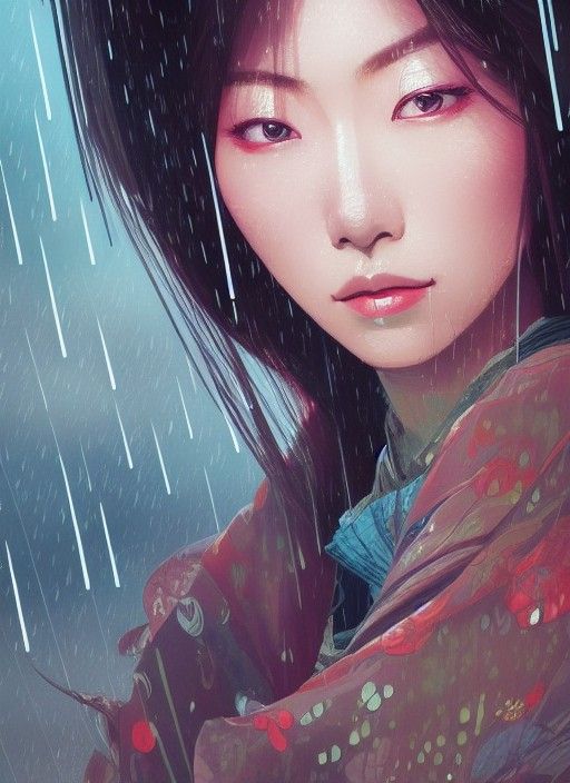 Beautiful Japanese Woman in Rain, Digital Illustration