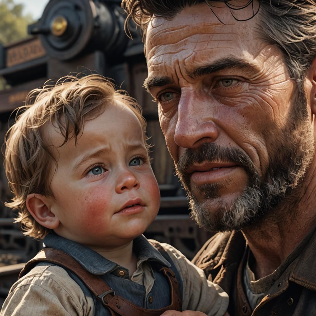 Loving Father and Son in 1860s Railroad Scene