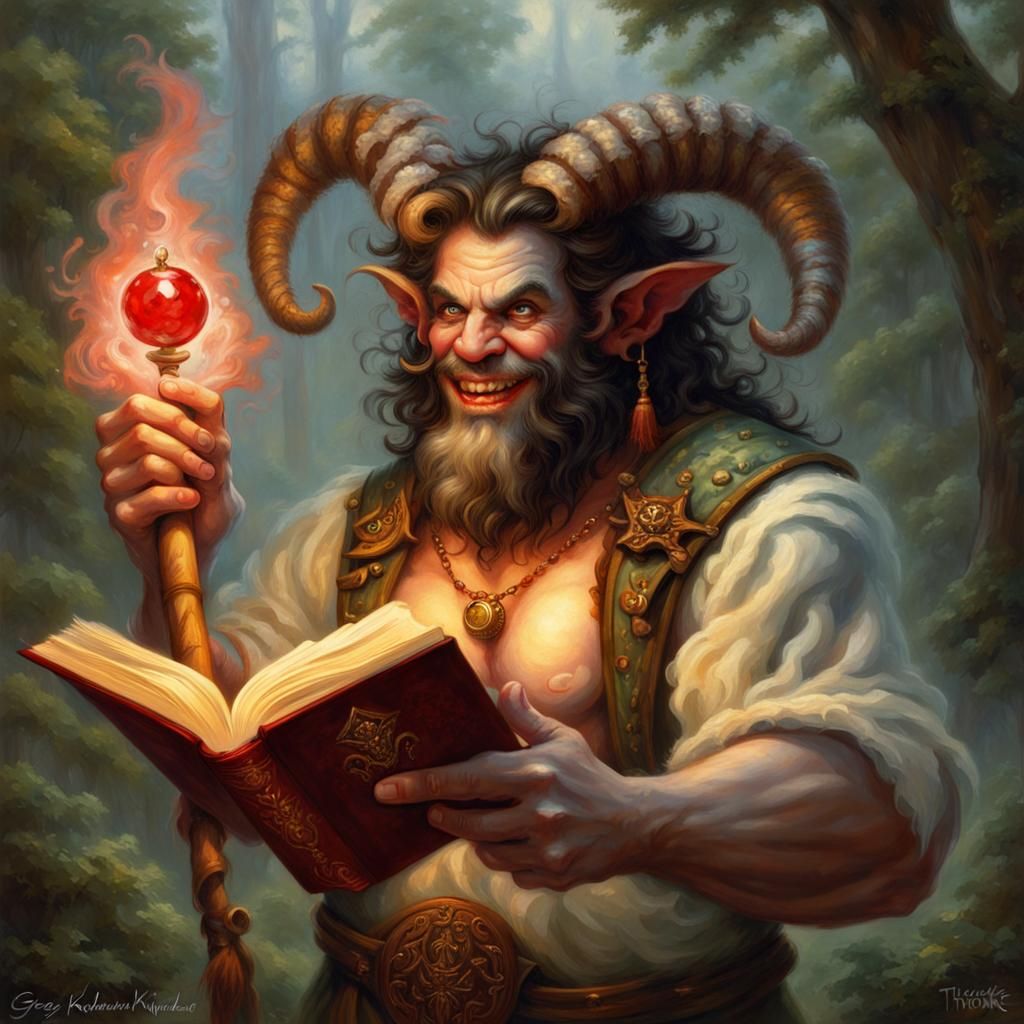 Cheerful Satyr with Staff and Spellbook