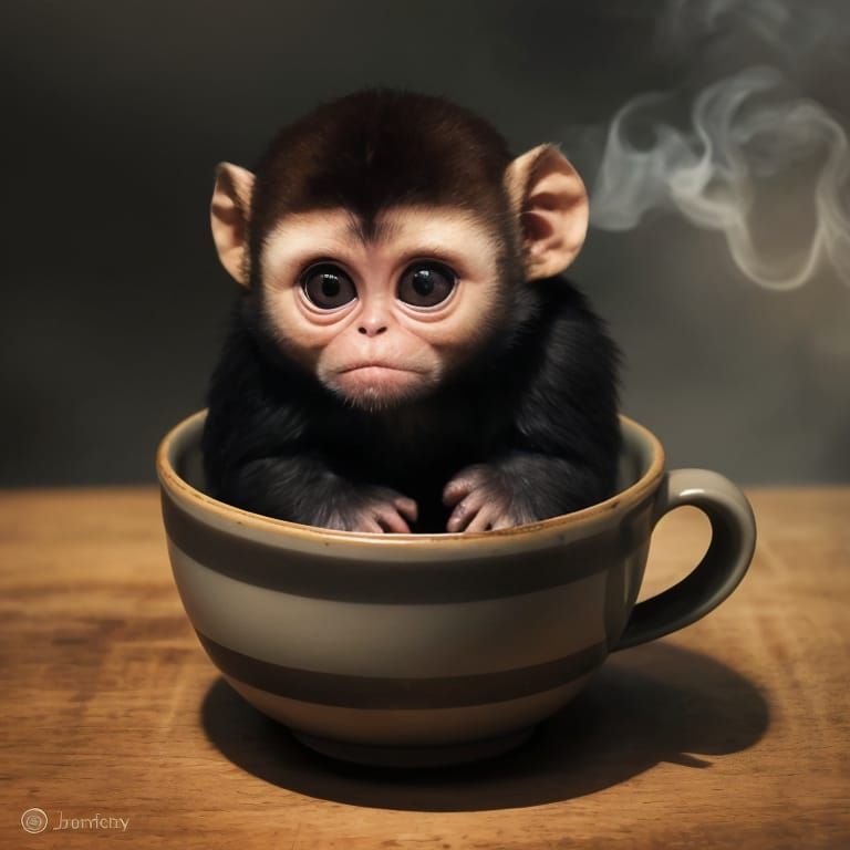 Grumpy Baby Monkey Coffee Break: Oil Painting