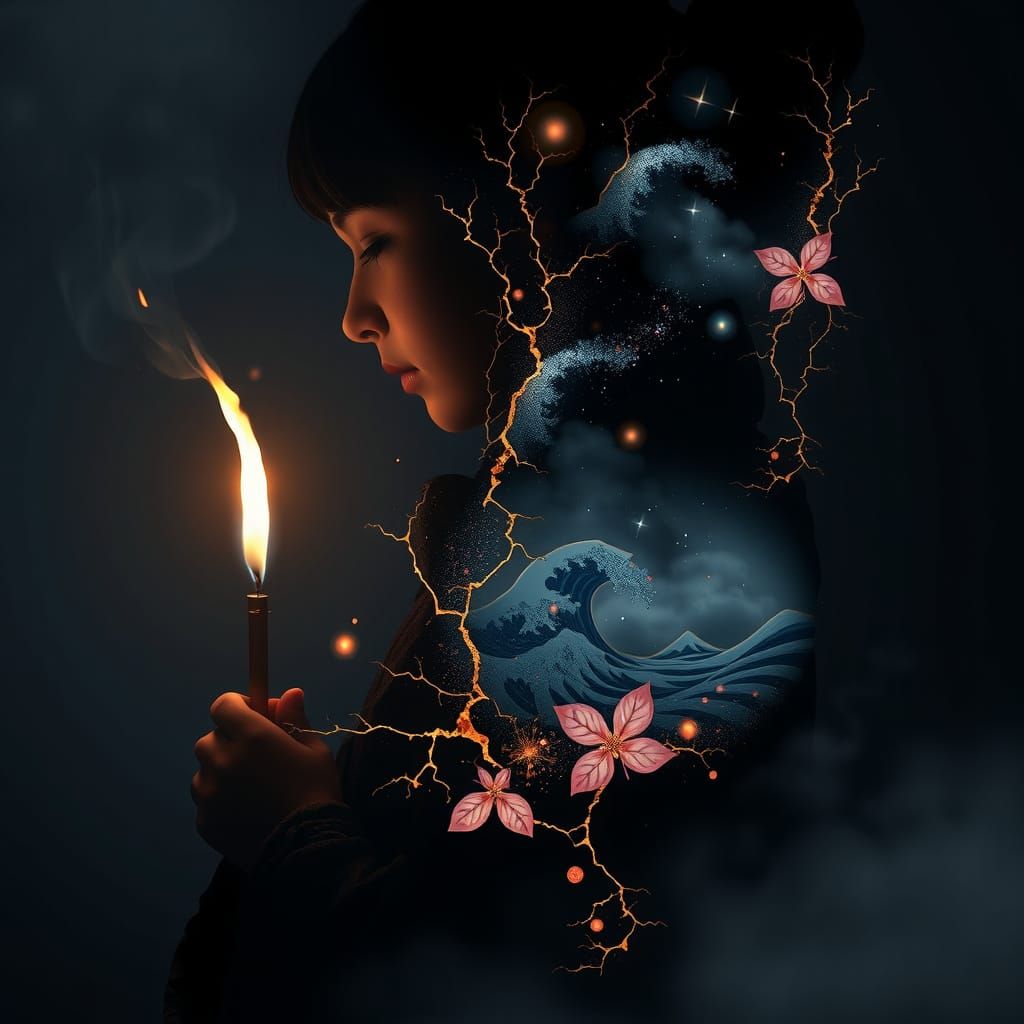 Mystical Figure of Elemental Energies in Double Exposure