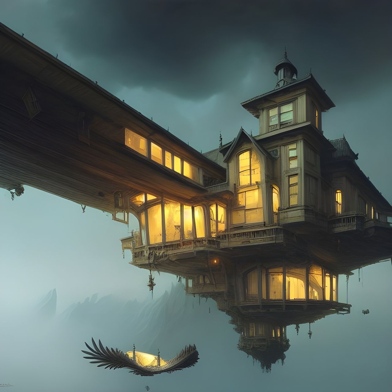 Surreal Floating Wooden House in Dark Fantasy Style