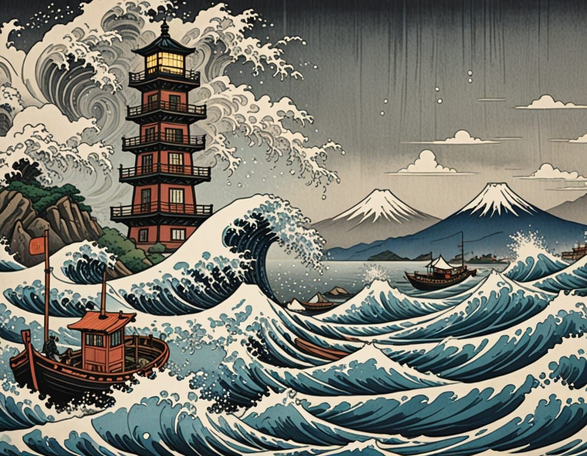 Giant Cat Climbs Lighthouse in Ukiyo-e Style