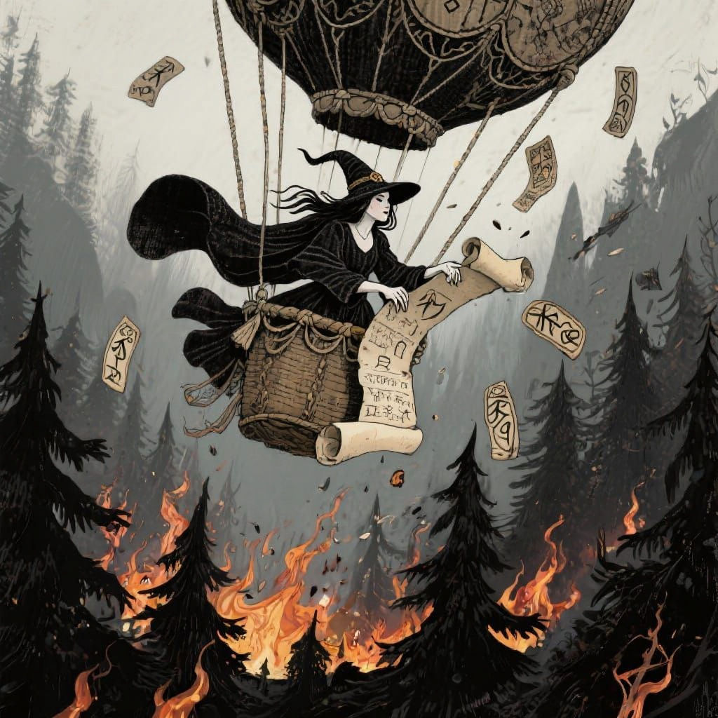 Sorceress Drops Spell Scroll from Hot Air Balloon