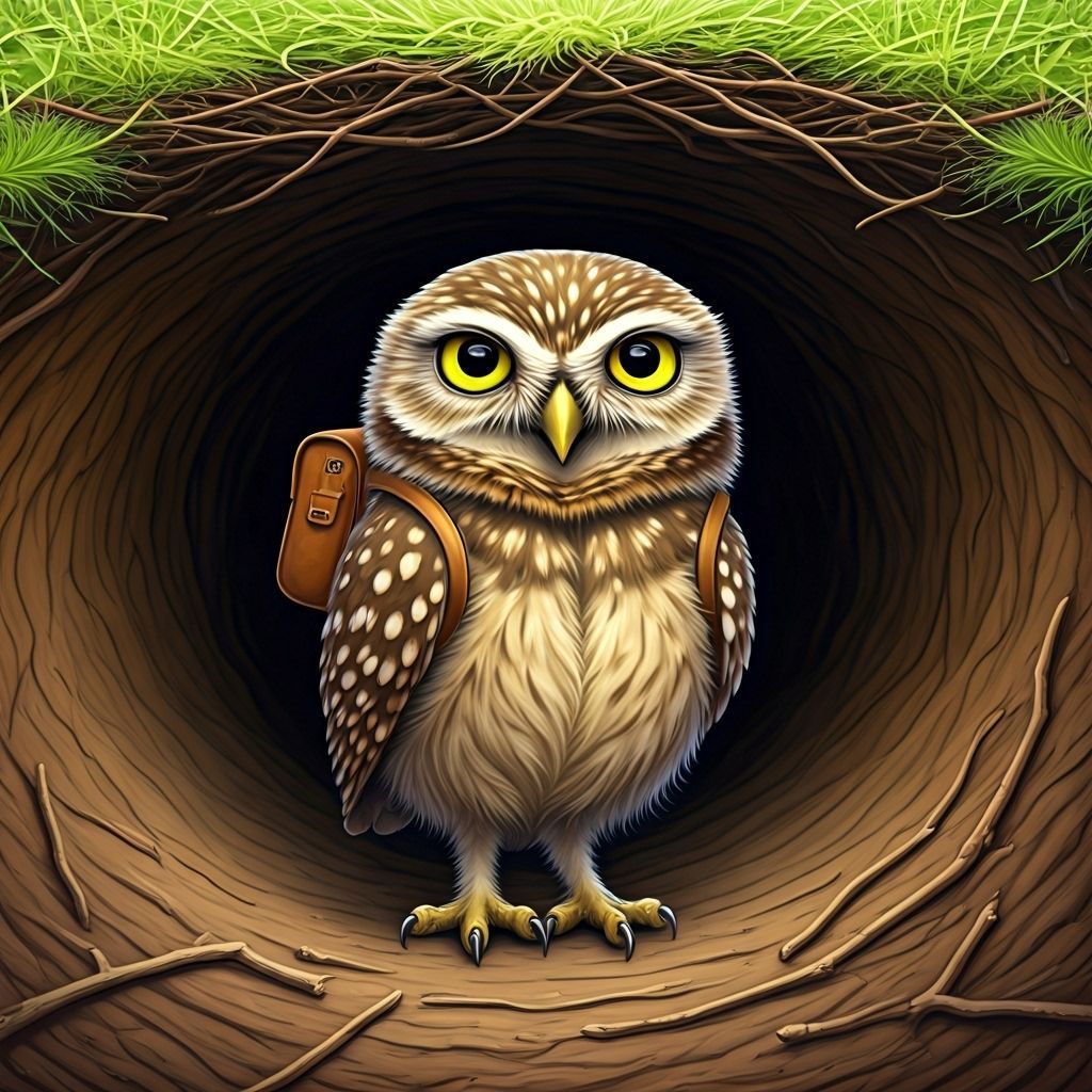 Burrowing Owl Family Portrait in Children's Book Style
