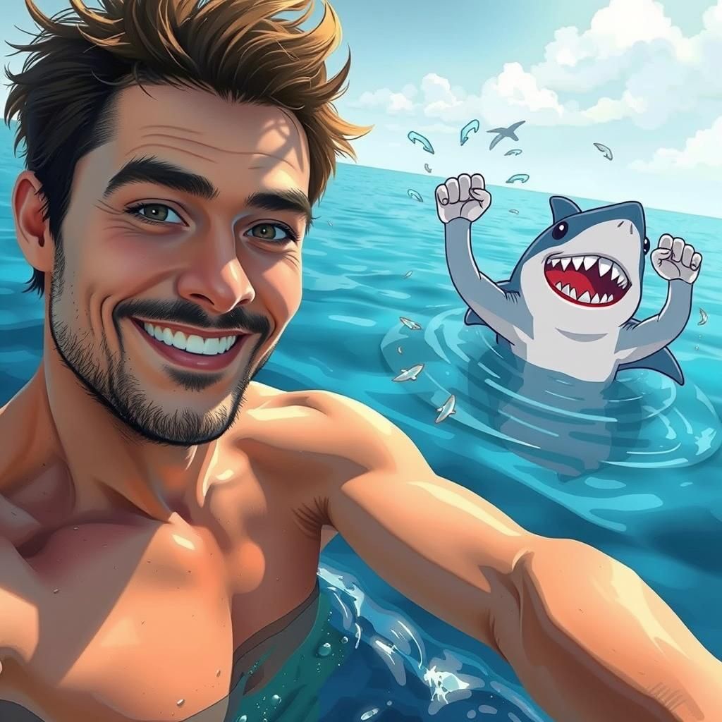 Humorous Shark Photobomb Selfie in Hyperrealistic Cartoon St...