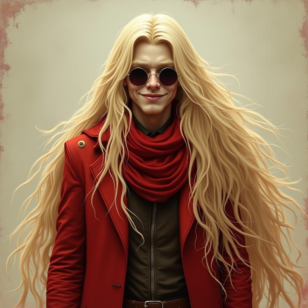 Mystical Futuristic Blonde Man in Long Red Coat