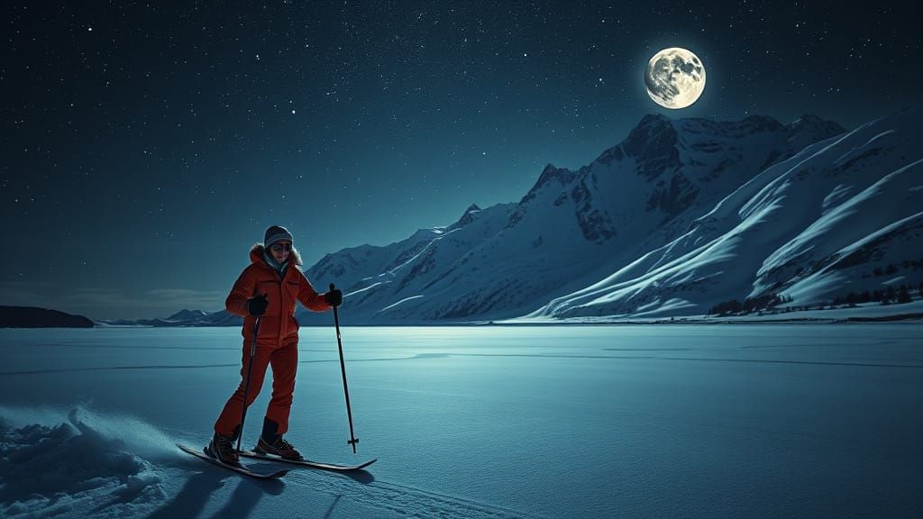 Serene Nighttime Skier on Frozen Lake Beside Snowy Mountain