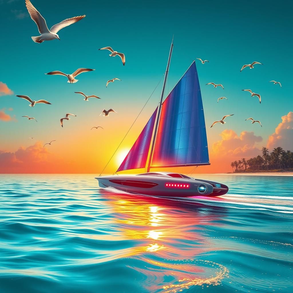Futuristic Sailboat at Sunset: Dreamlike Concept Art