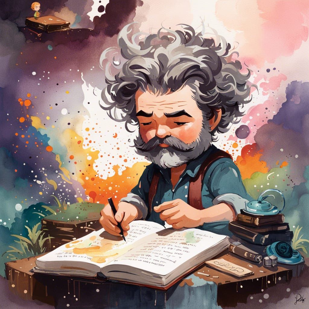 Chibi Ernest Hemingway Gouache Painting