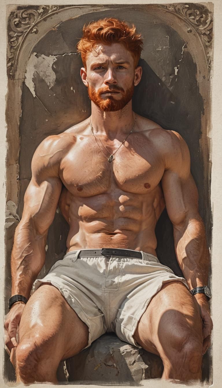 young shirtless toned man with short red hair and beard