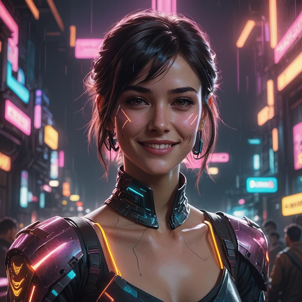 Beautiful Woman with Shimmering Aura in Cyberpunk Style