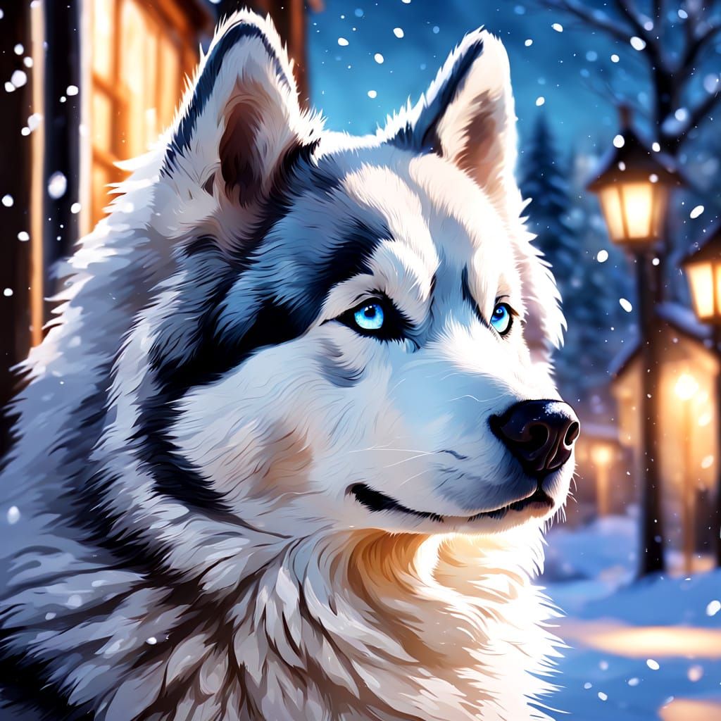 Husky Stares at Snow: Whimsical Digital Painting