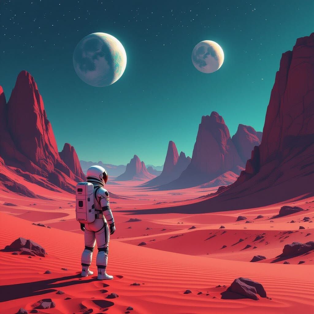 Astronaut on Alien Planet with Two Moons