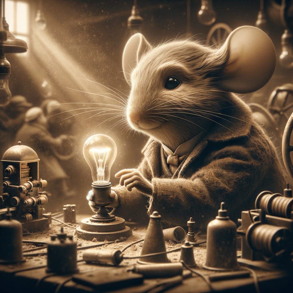 Mouse Edison's Eureka Moment in Sepia Tone