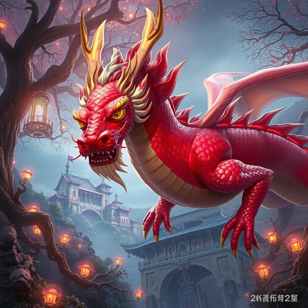 Crimson Dragon in Mystical Forest, Digital Art