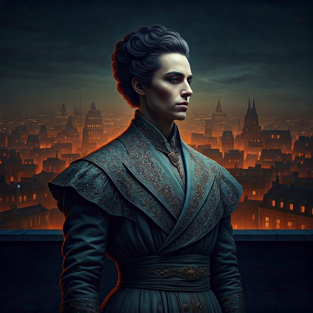 Mysterious Figure in Futuristic High Fashion Overlooking Cit...