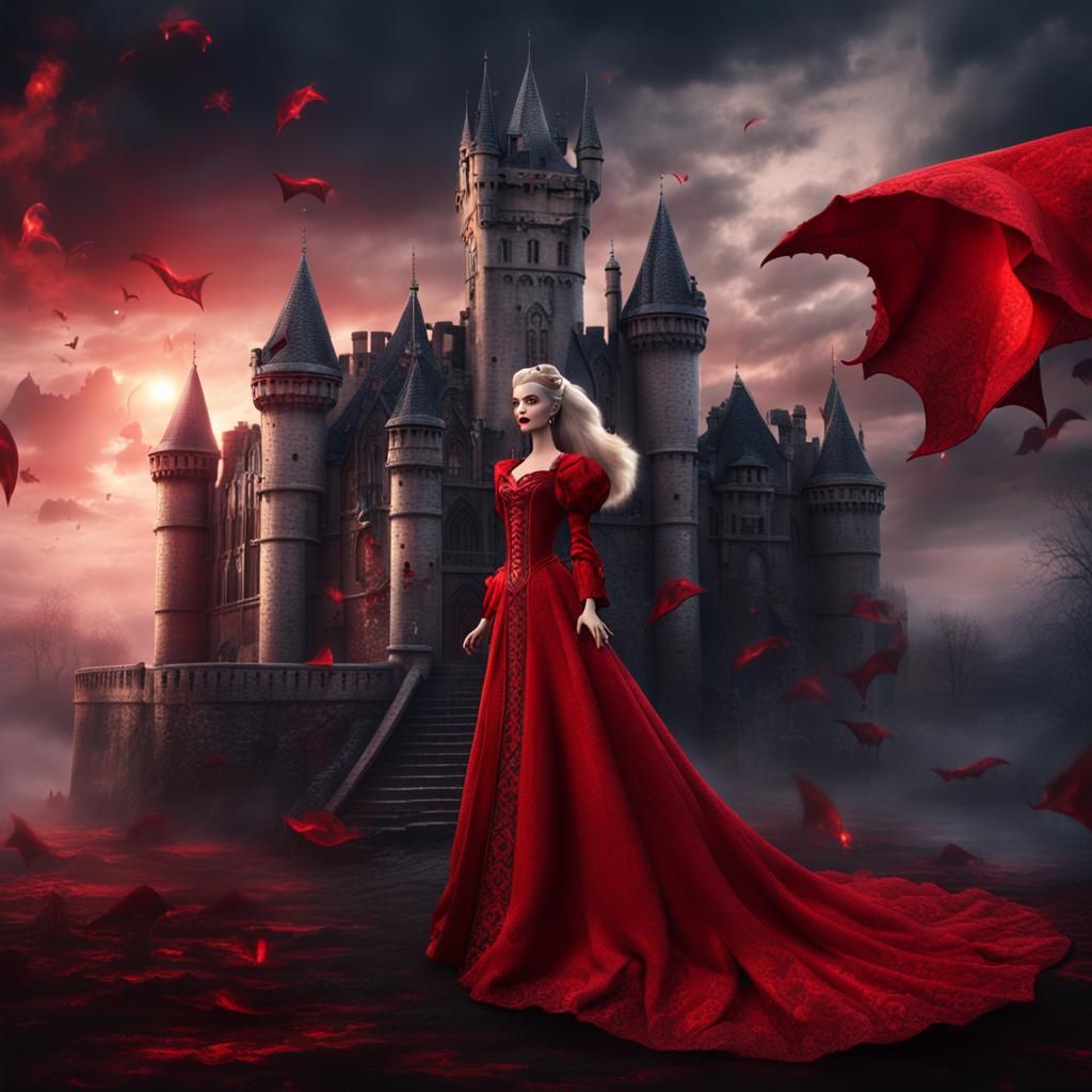 Vampire Barbie Floating Over Gothic Castle