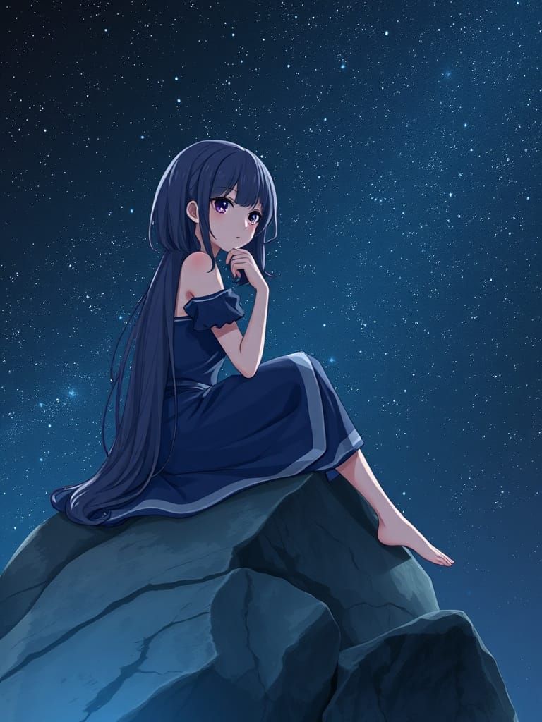 Anime Girl Contemplates Under Starry Night Sky