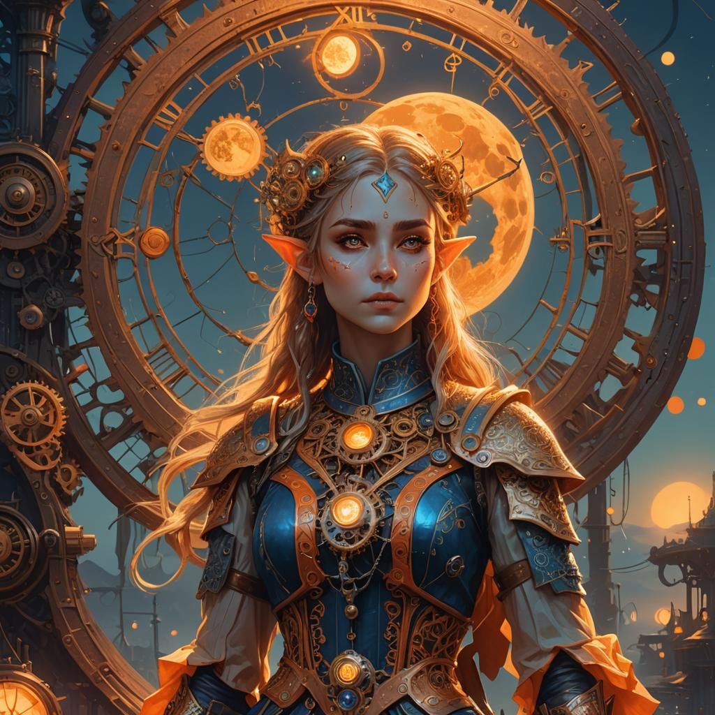 Enchanting Elf with Clockwork Sparkles Under Orange Moon