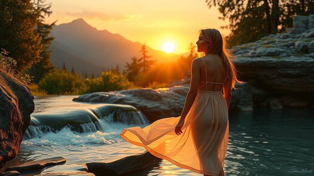 Serene Summer Goddess Amidst Majestic Waterfall