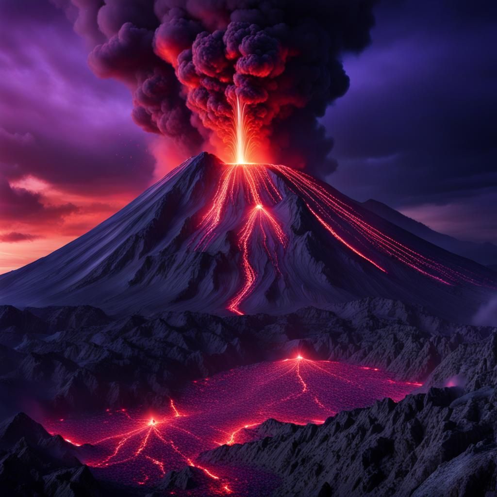 Volcanic Eruption with Crystal Bolts in Hyperrealistic Style