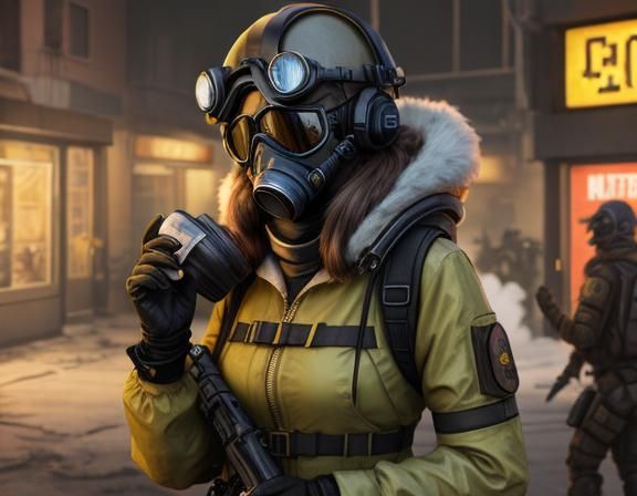 post-apocalyptic
cute girl
hazmat-suit
skin-tight vinyl spandex
steampunk
fallout
helmet
respirator
goggles
rifle
