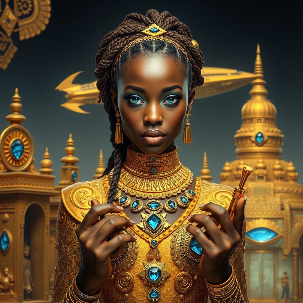Futuristic African Woman in Golden City, Photorealistic Styl...