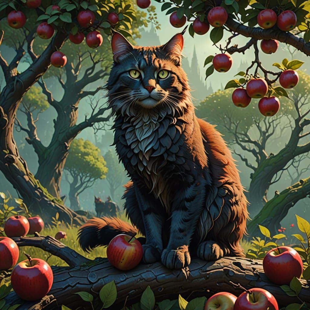 Regal Cat Sits Amidst Vibrant Apple Tree in Fantasy Landscap...