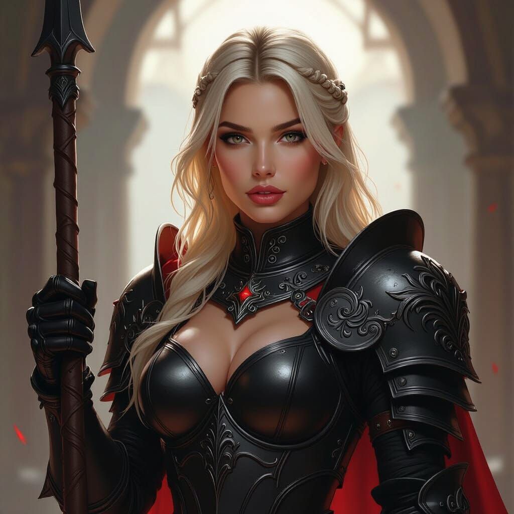 Stunning Blonde Paladin in Detailed Armor with Polearm