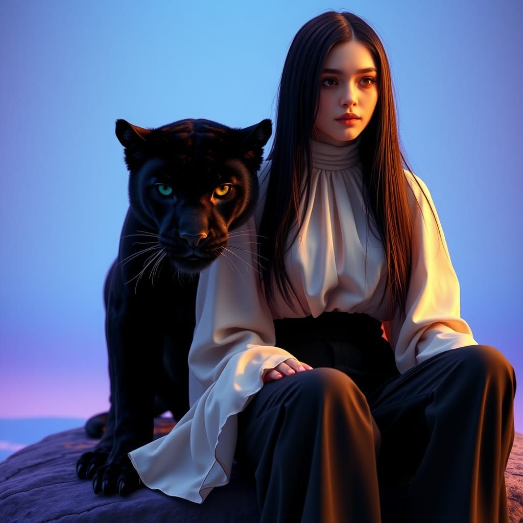 Ethereal Woman and Panther in 1970s Analog Style