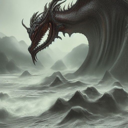 Metal Dragon Emerges During Massive Floods: Fantasy Art