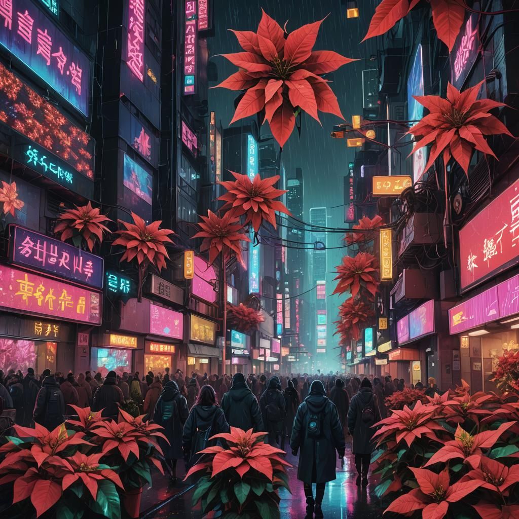 Cyberpunk Cityscape with Neon Poinsettias in Synthwave Style