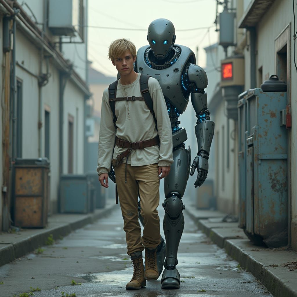 Robot Rescues Man on Cyberpunk Street