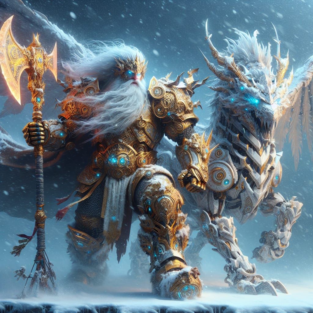 Cyborg Dwarf and Robotic Dragon in Snowstorm