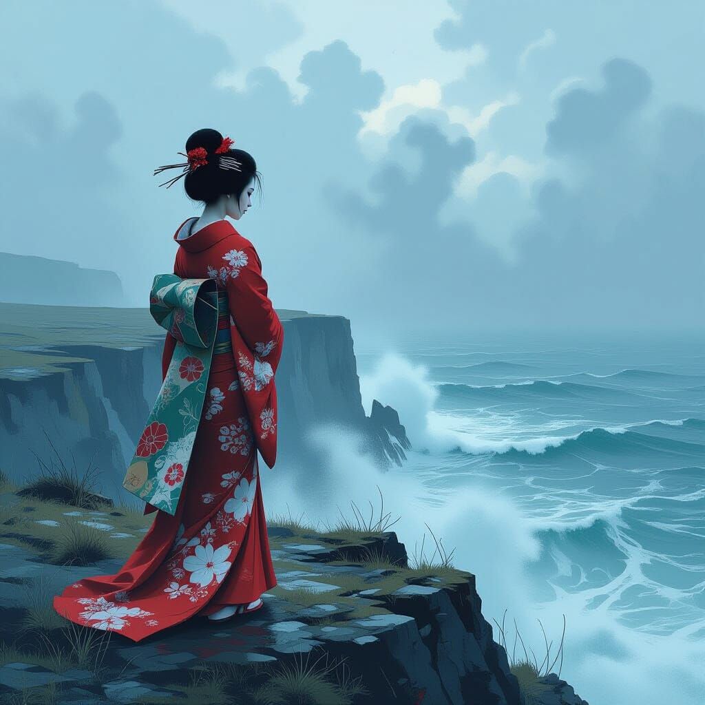 Geisha on Windswept Cliff in Dark Graphical Style