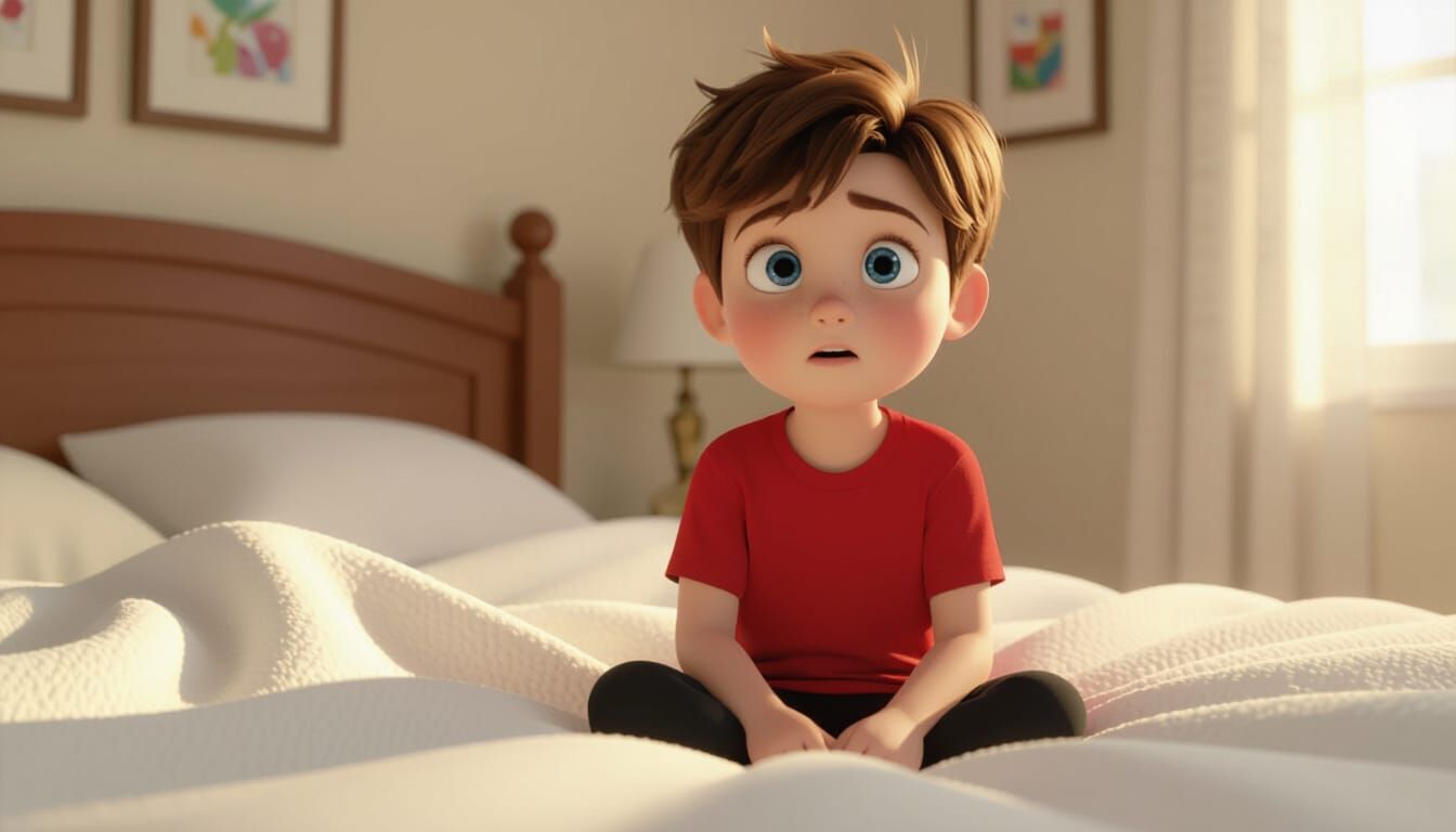 Innocent Boy Wakes Up on Bed in Disney 3D Style