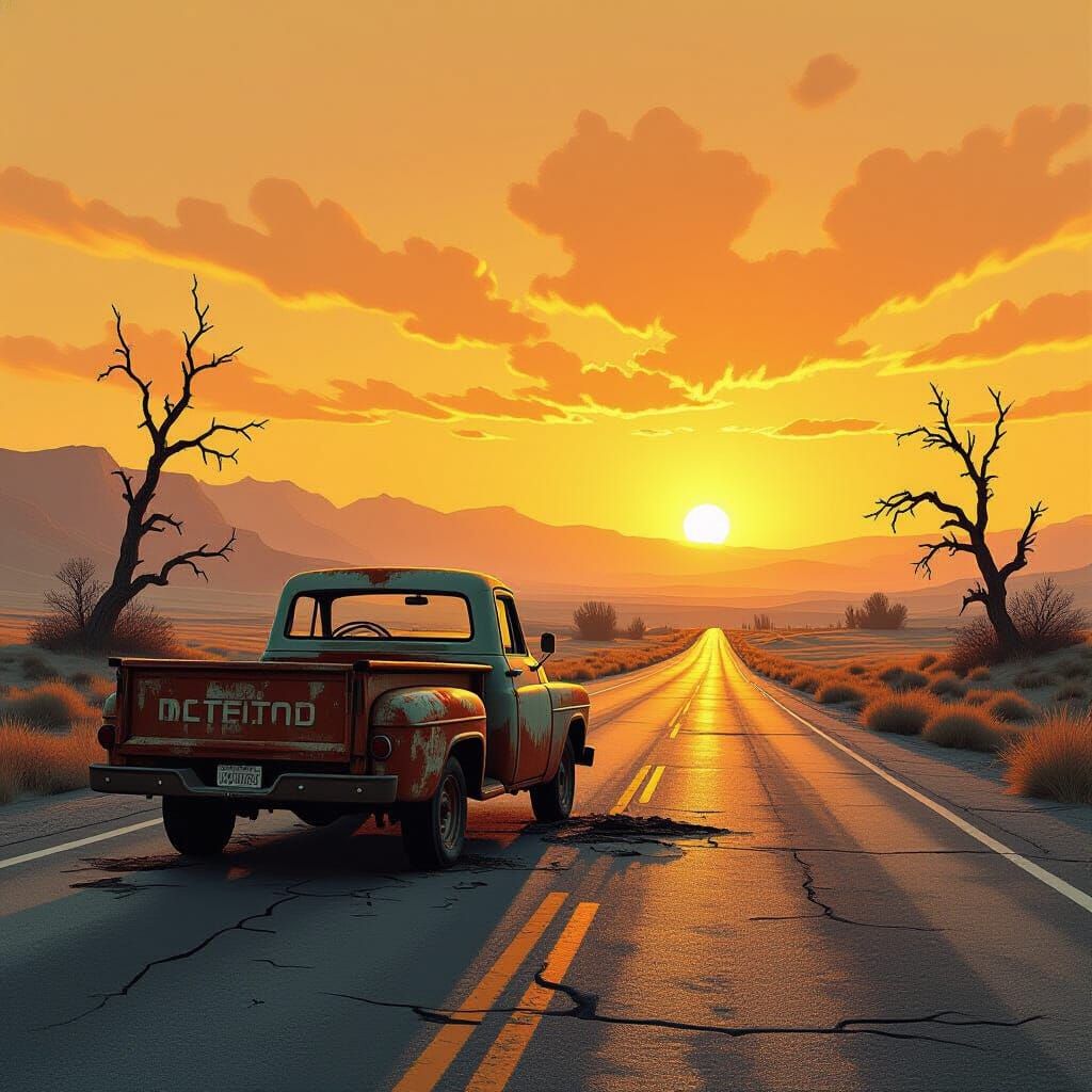 Abandoned Rusted Truck on Desolate Highway Matte Painting