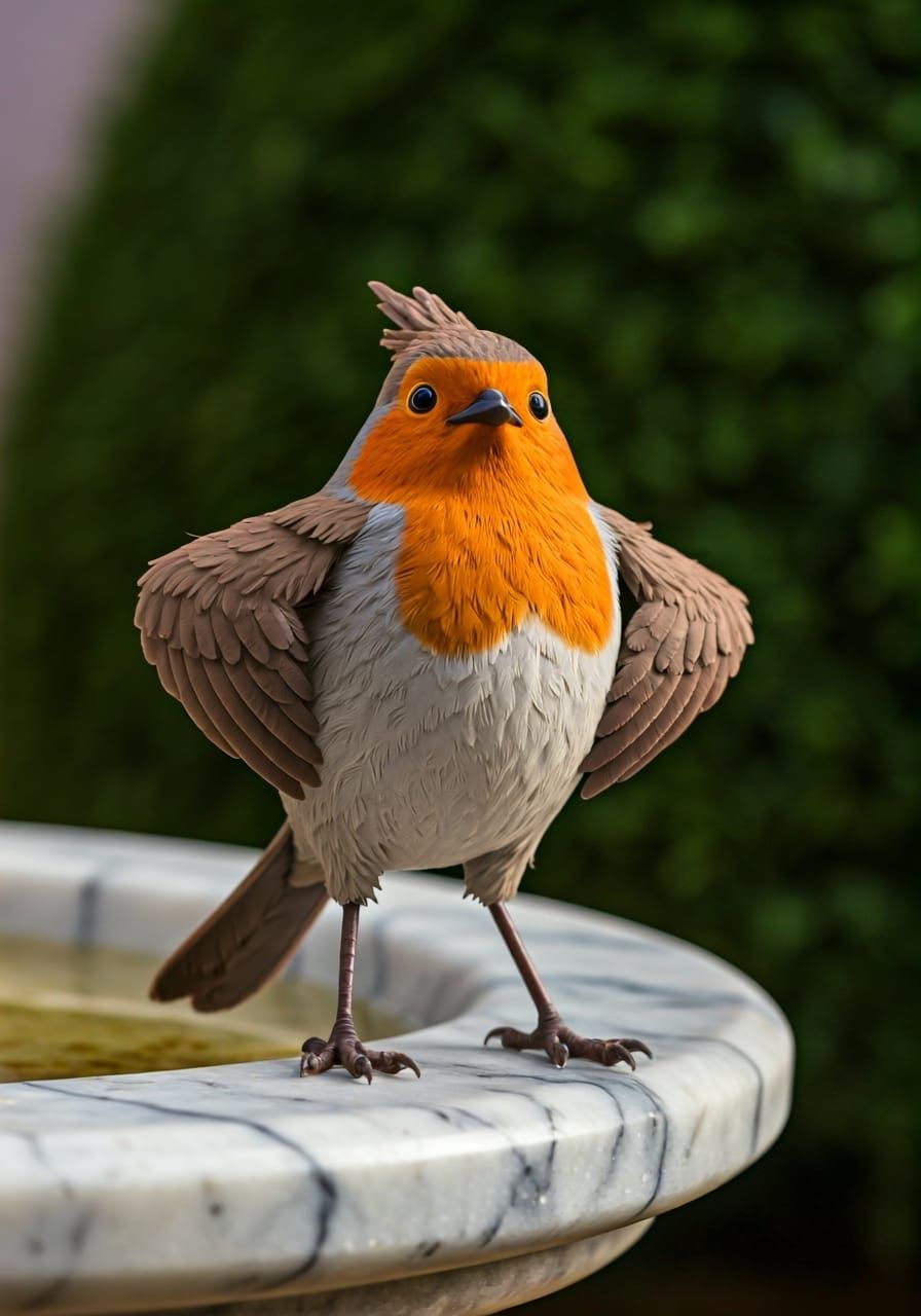 Proud Robin on Birdbath, Aardman Animation Style