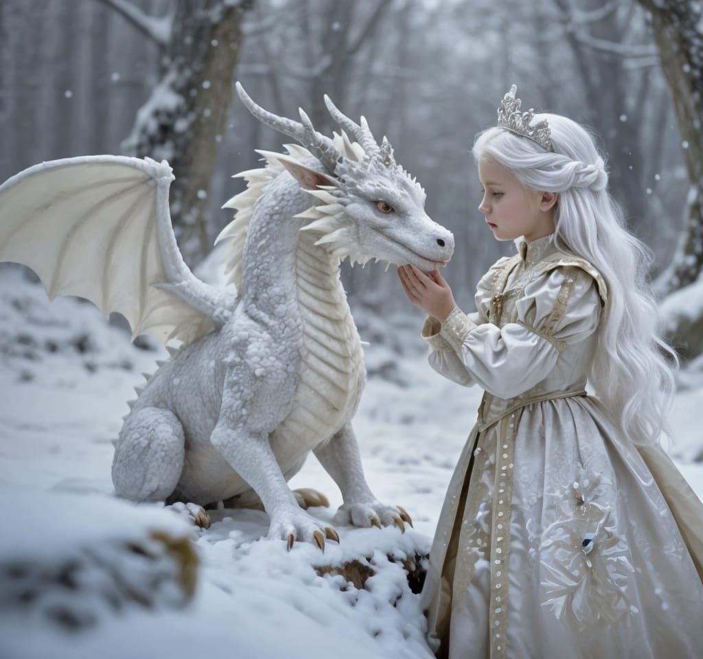 Snow Princess and Dragon in Dreamlike Forest