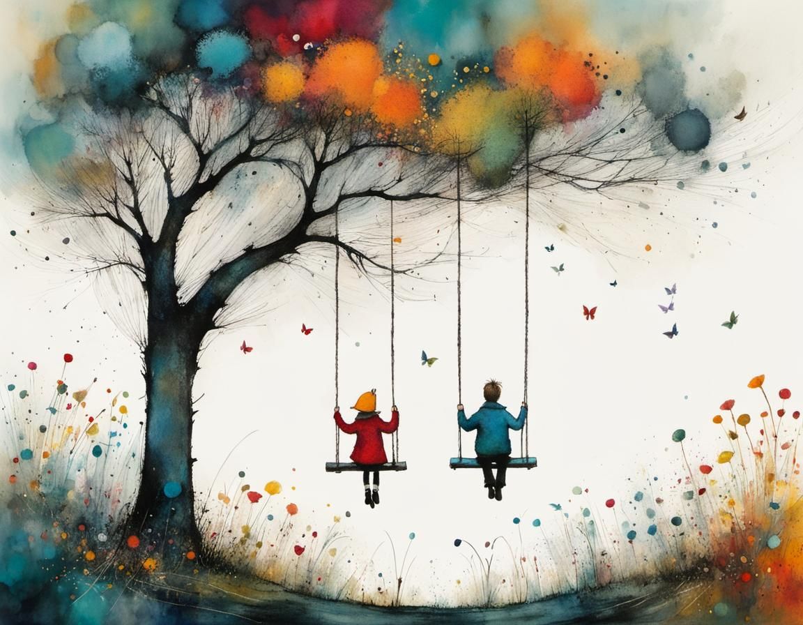 Whimsical Children on Swings in a Magical Landscape