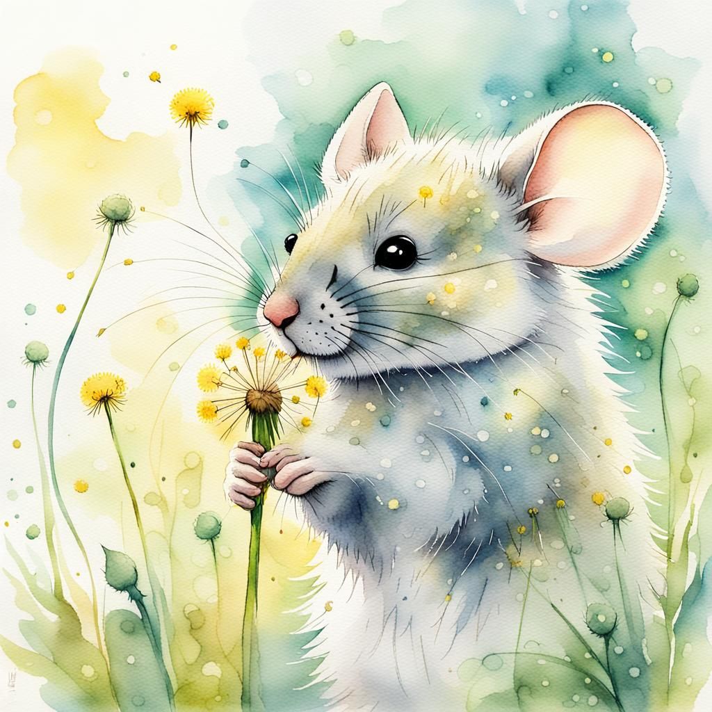 Fluffy Mouse Holding a Dandelion: Whimsical Watercolor