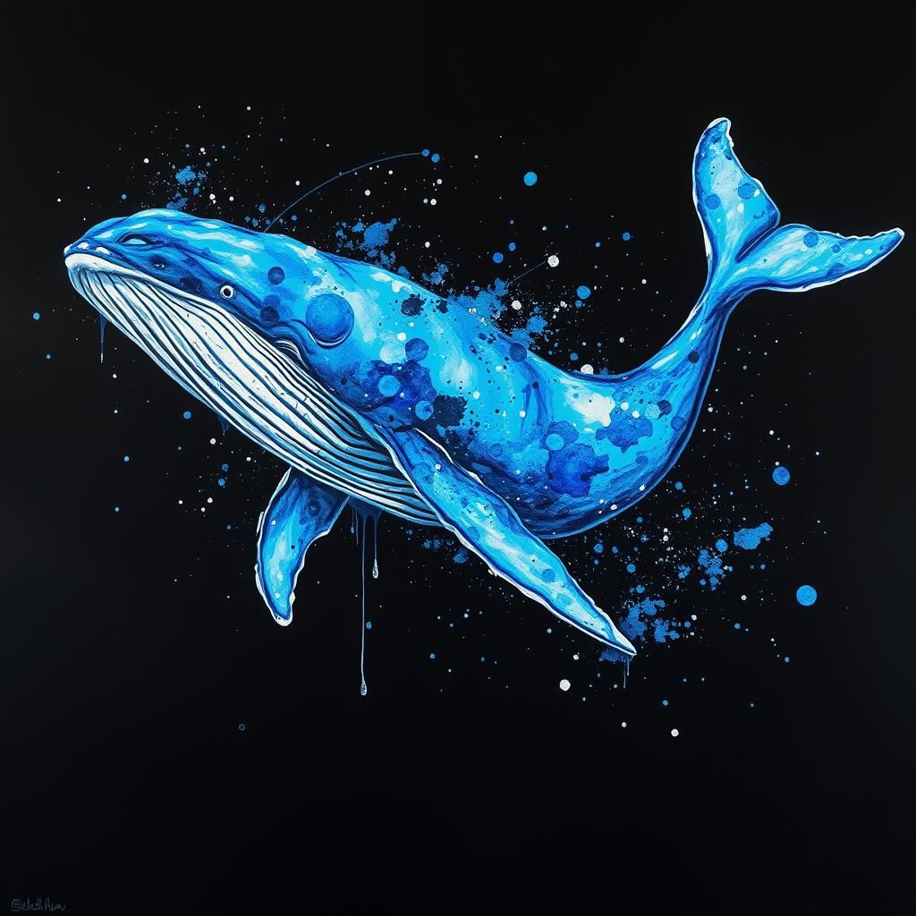 Iridescent Blue Whale in Watercolor Ink Splatter