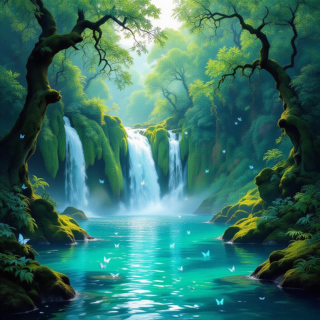 Majestic Waterfall with Luminous Foliage, Hyperrealistic Sty...