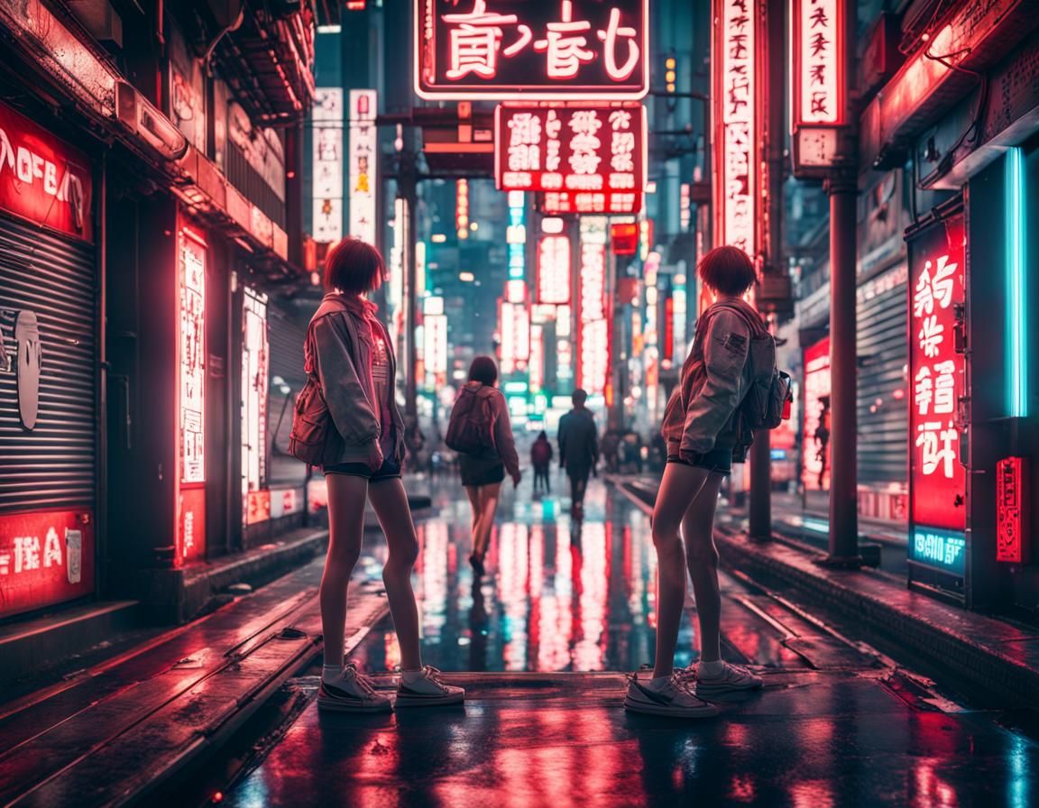Neon Reflections in Japanese Cityscape: 3D Game Cinematic