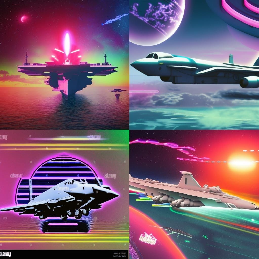 Aircraft Carrier Flies Through Black Hole in Synthwave Style