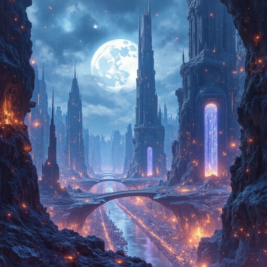 Futuristic Enchanted City Under Full Moon in Cyberpunk Style
