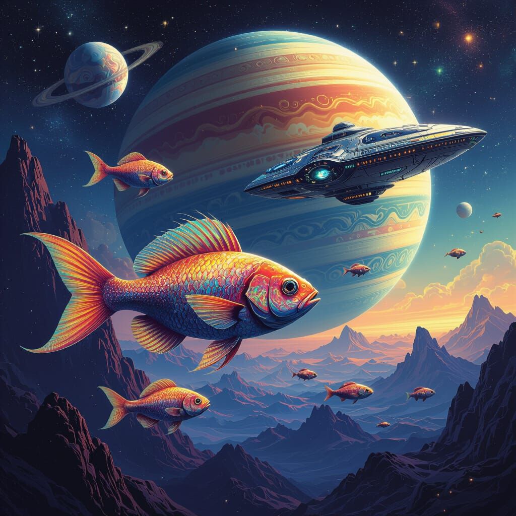 Cosmic Textured Fish Near Ringed Planet in Digital Matte Sty...