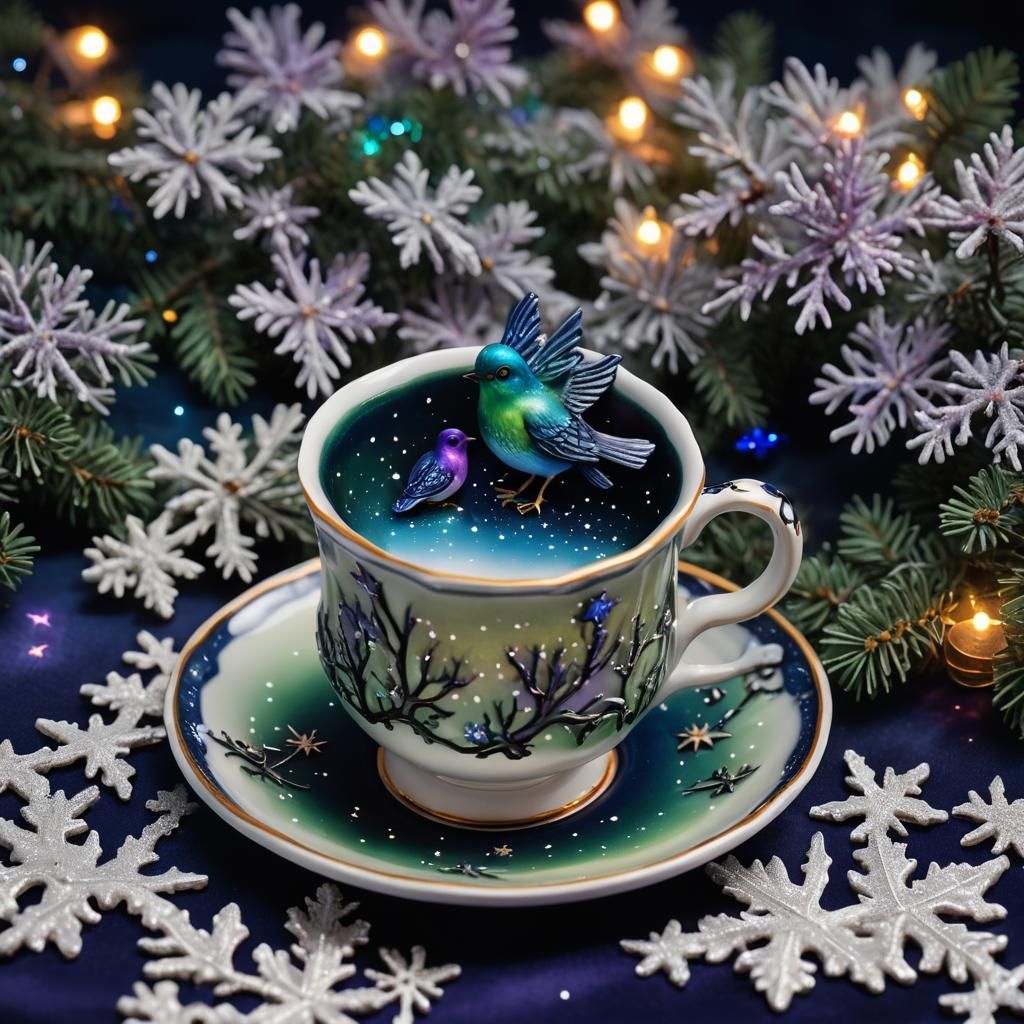 Aurora Borealis Teacup Winter Scene Miniature