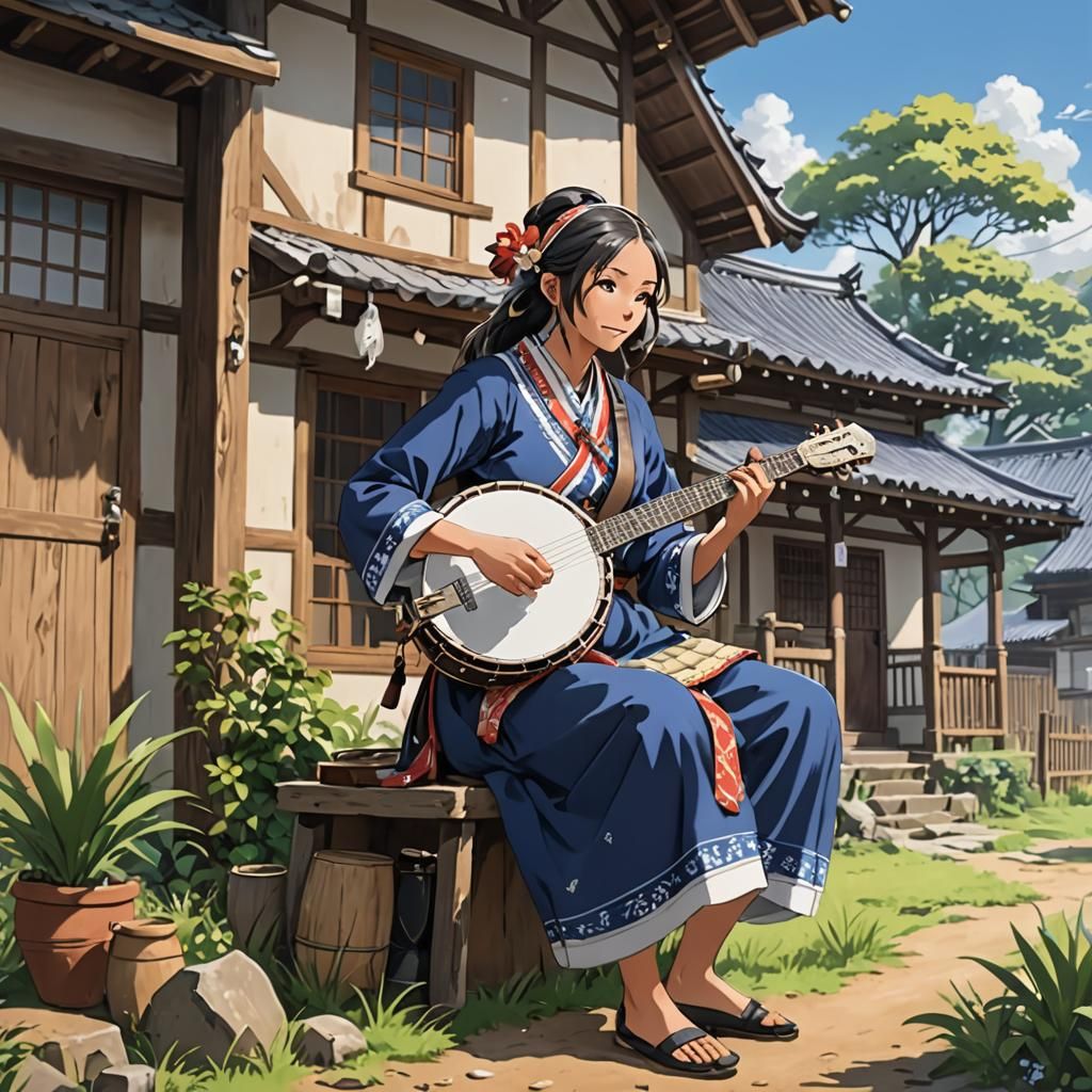 Rwandan Woman Playing Banjo in Anime Style